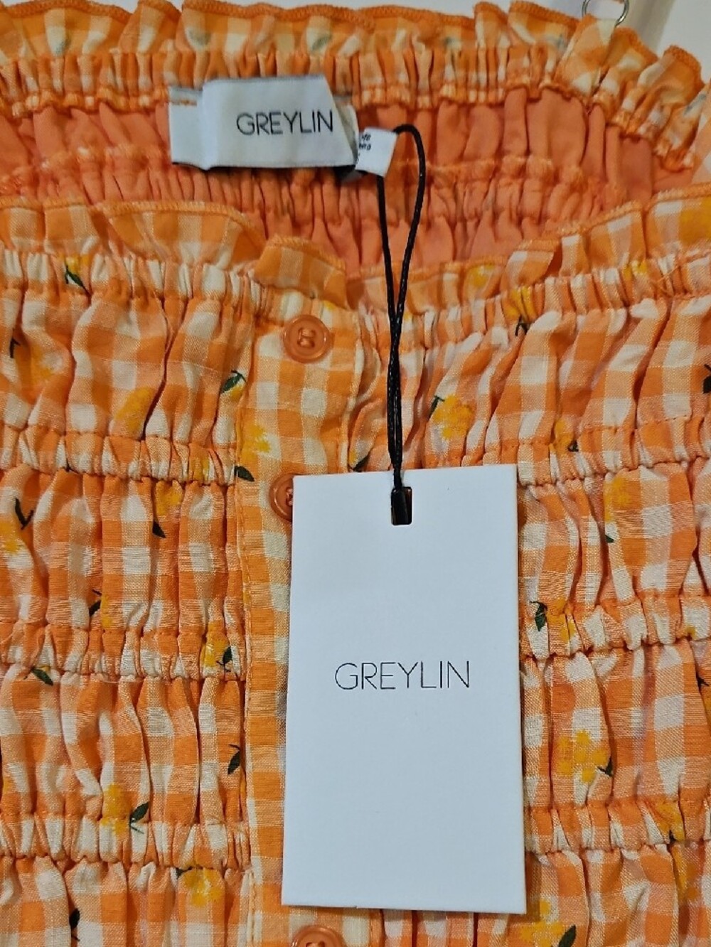 Greylin Orange Gingham Smocked Crop with Flowery Print - Picture 2 of 3